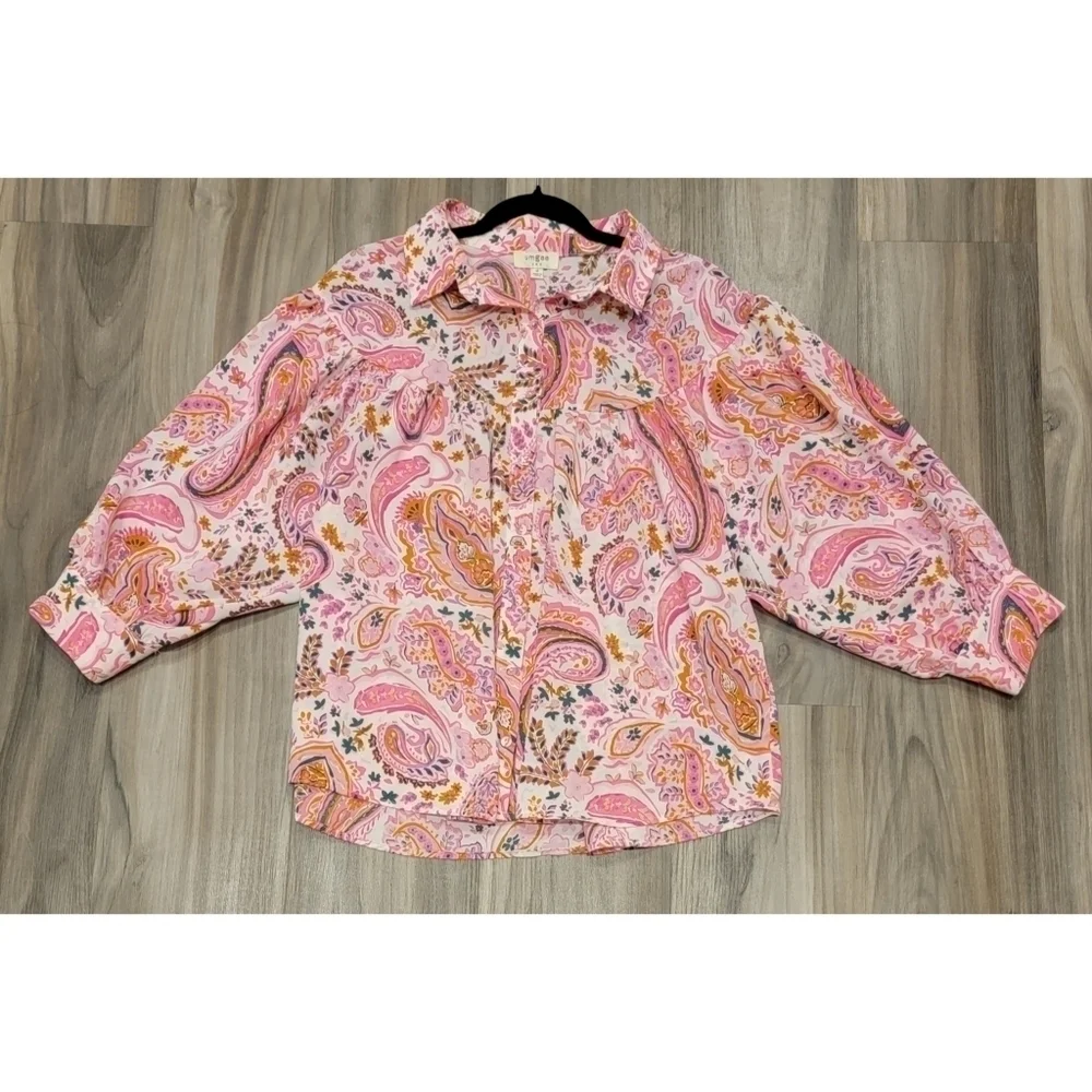 Umgee Pink Paisley Collared Button-Down Blouse Shirt Medium Lightweight - Picture 7 of 10